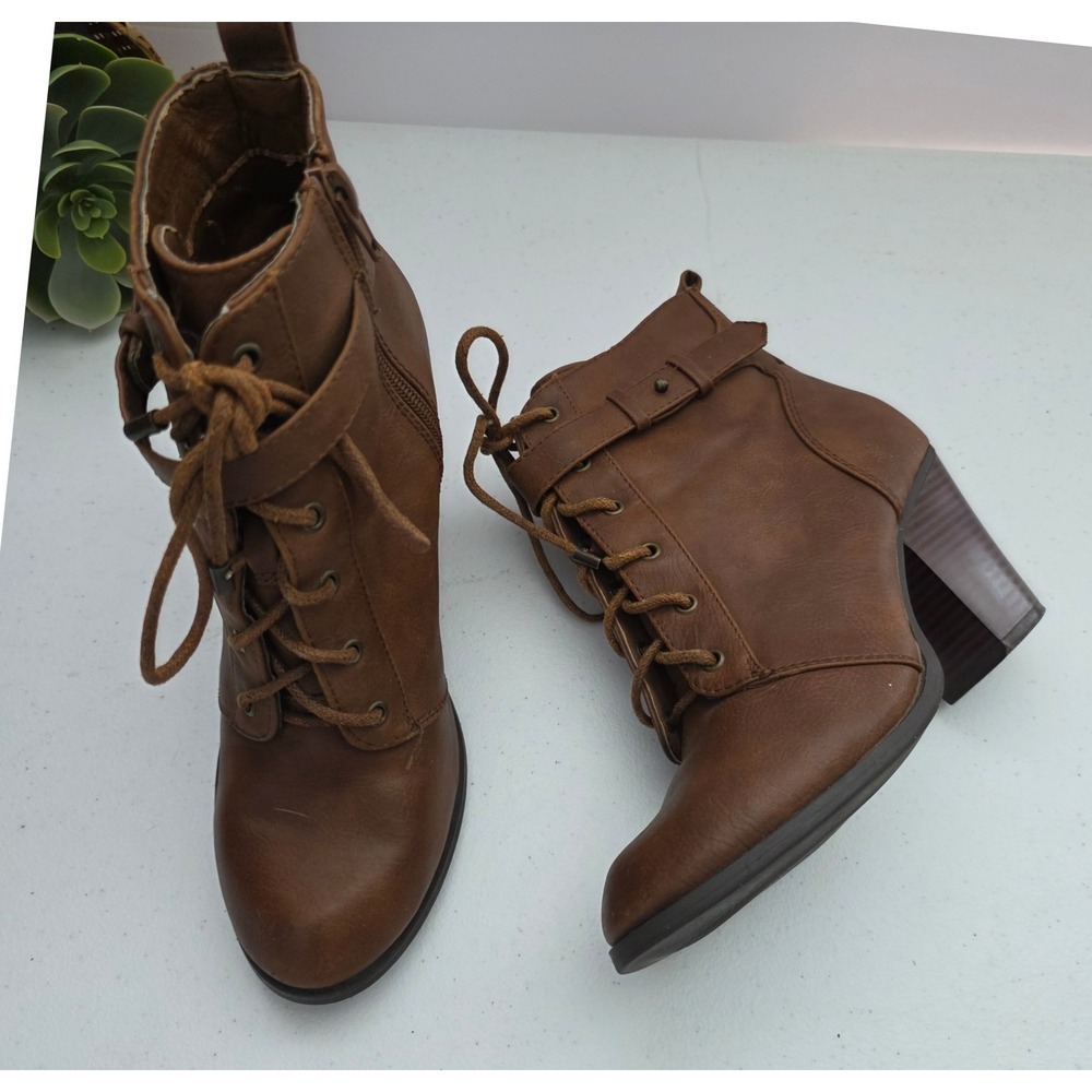 ShoeDazzle Dally Ankle Boots Women 5.5 Brown Excellent Lace Up Block Heel
